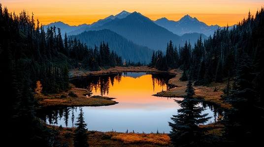 Serene sunset reflection in mountain lake with majestic peaks